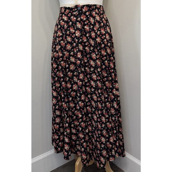 Vintage 90s Floral Button Front MaxiSkirt Black Red Ditsy Print A-Line Lg - Picture 1 of 10